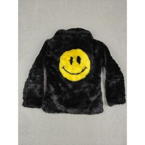 Delia's Jacket Juniors Small Black Faux Fur Smiley Face Full Zip Collared Retro